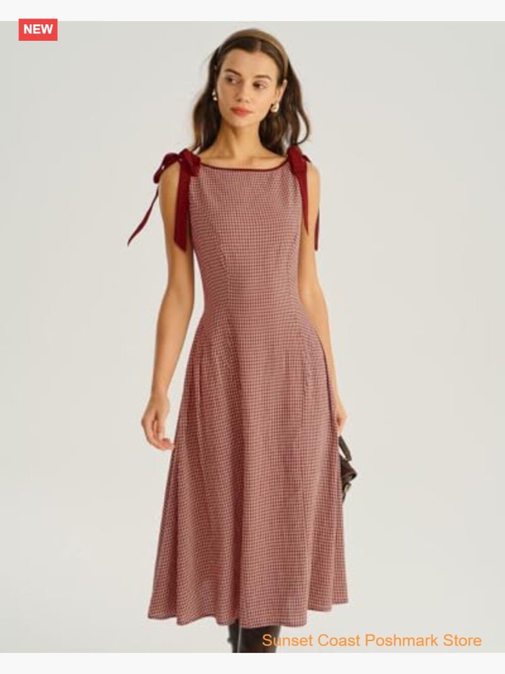 Women's Plaid A-Line Midi Dress Boat Neck Sleeveless Casual Vintage - Picture 2 of 7